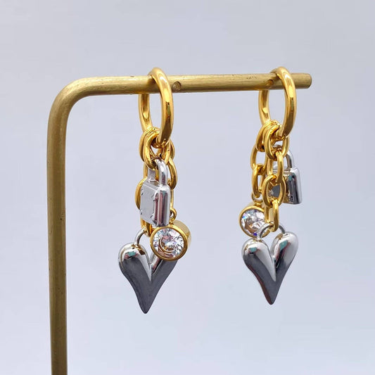 Heart & Lock Two Tone 18K Gold Plated S.Steel Earrings - FGS