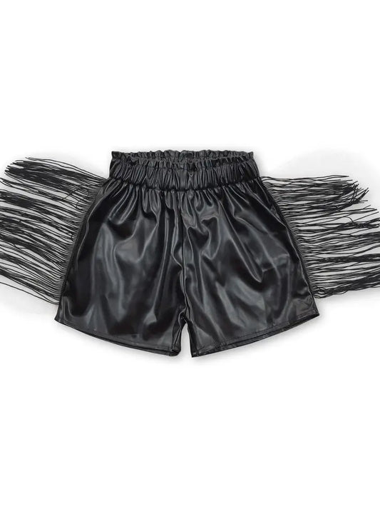 black leather fringe shorts